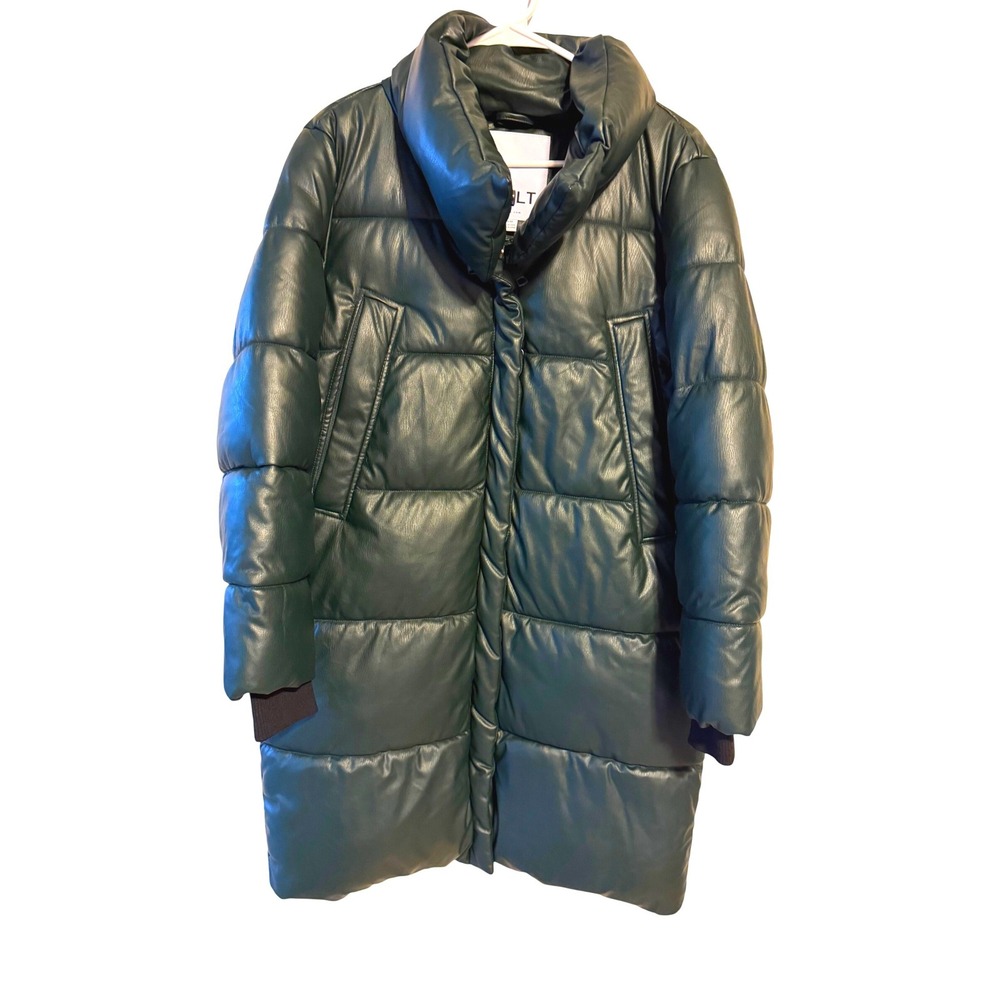 NVLT Forest Green Faux Leather Puffer Coat Quilted Funnel Neck Jacket Streetwear